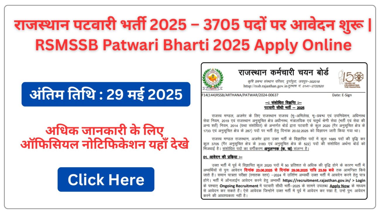 राजस्थान पटवारी भर्ती 2025 – 3705 पदों पर आवेदन शुरू | RSMSSB Patwari Bharti 2025 Apply Online